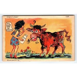 Vintage 1940s Curt Teich Linen Comic Postcard A Bull of a Boner